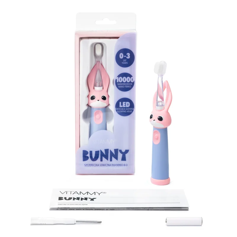 VITAMMY Bunny Sonická zubná kefka pre deti s LED svetlom a nanovláknami, 0-3 roky 1×1 ks, sonická zubná kefka, ružová