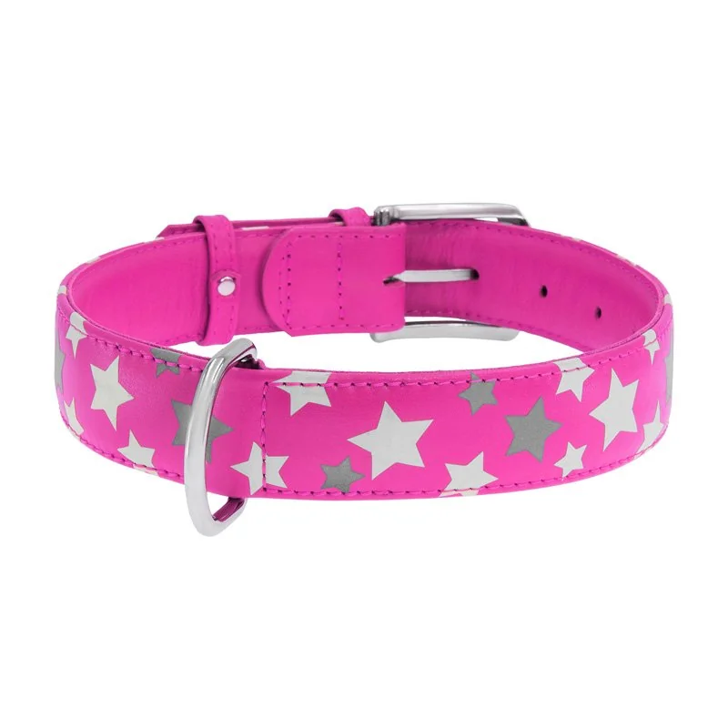 Plochý kožený obojok s hviezdičkami ružový svietiaci, Obvod krku: 30-39 cm, širka: 20 mm
