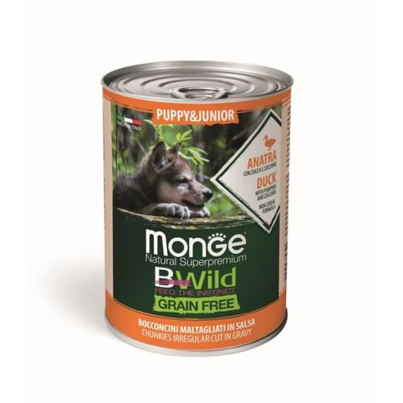 MONGE BWild Grain Free Puppy & Junior 400g bezobilninové vlhké krmivo pre šteňatá kačacie kúsky v omáčke, s tekvicou a cuketou