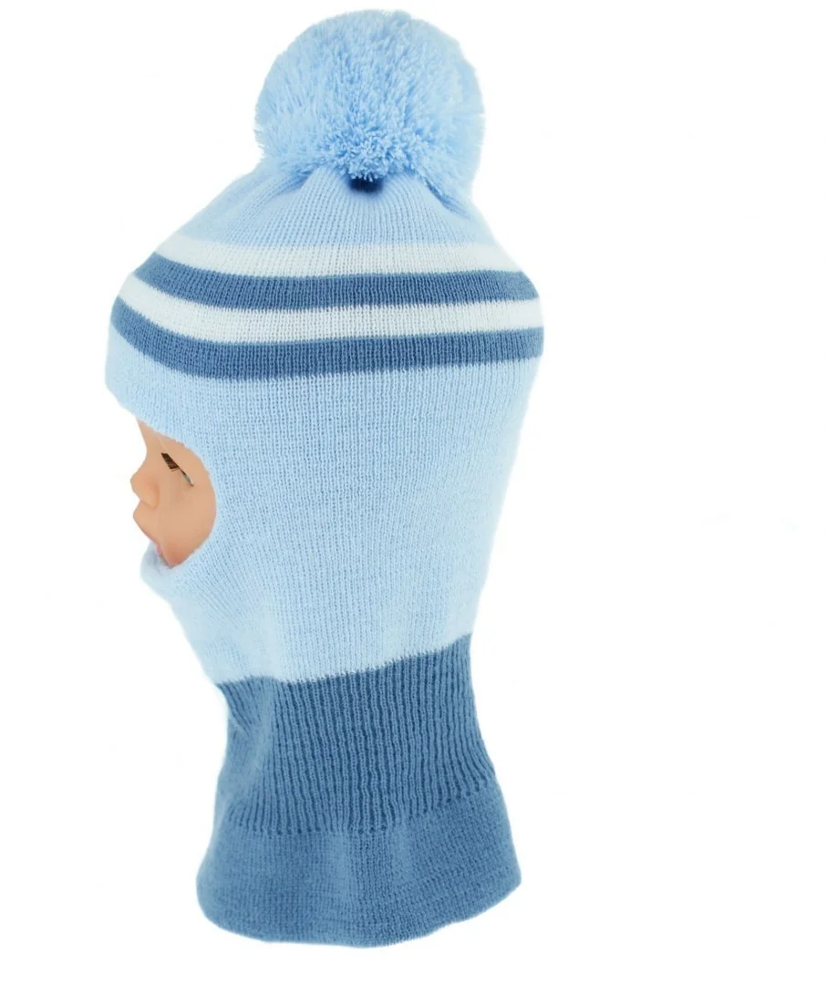 BABY NELLYS Zimní čepička / kukla s bambuli - sv. modrá s proužky