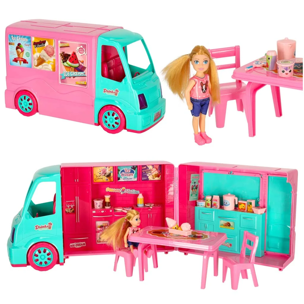 Autíčko pre bábiky Food Truck a kemp – 21 dielna sada