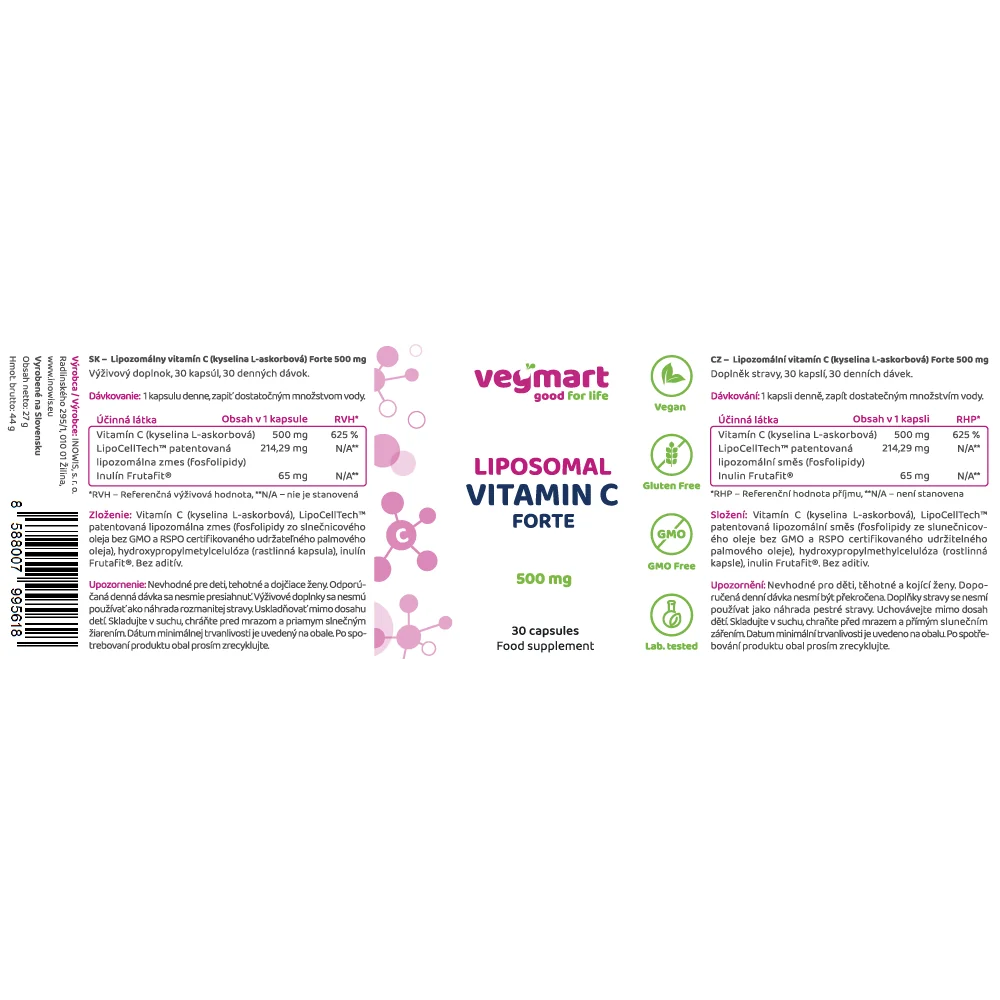 Vegmart Lipozomálny Vitamín C (Kyselina L-askorbová) 500 mg, 30 kapsúl