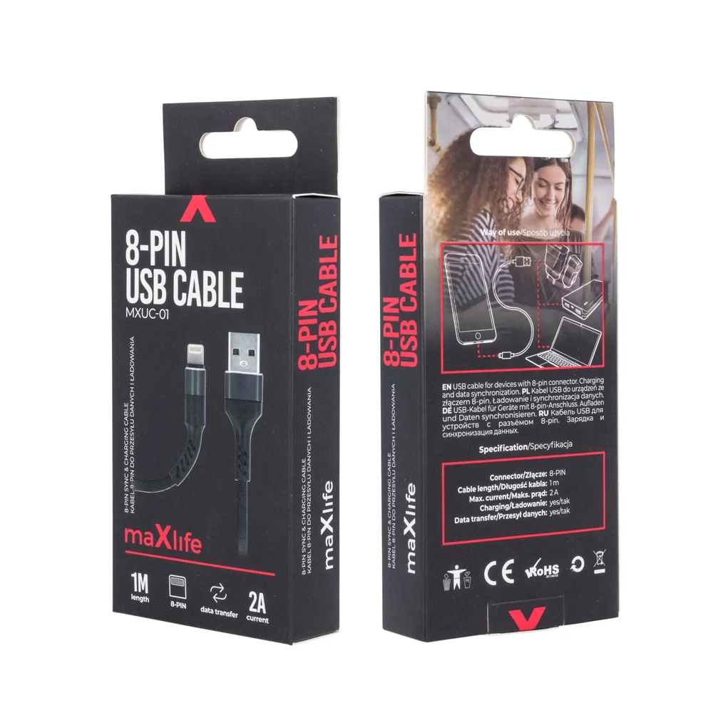 Maxlife Nabíjací kábel MXUC-01 iPhone / iPad / iPod 8-PIN s rýchlym nabíjaním 2A, čierny