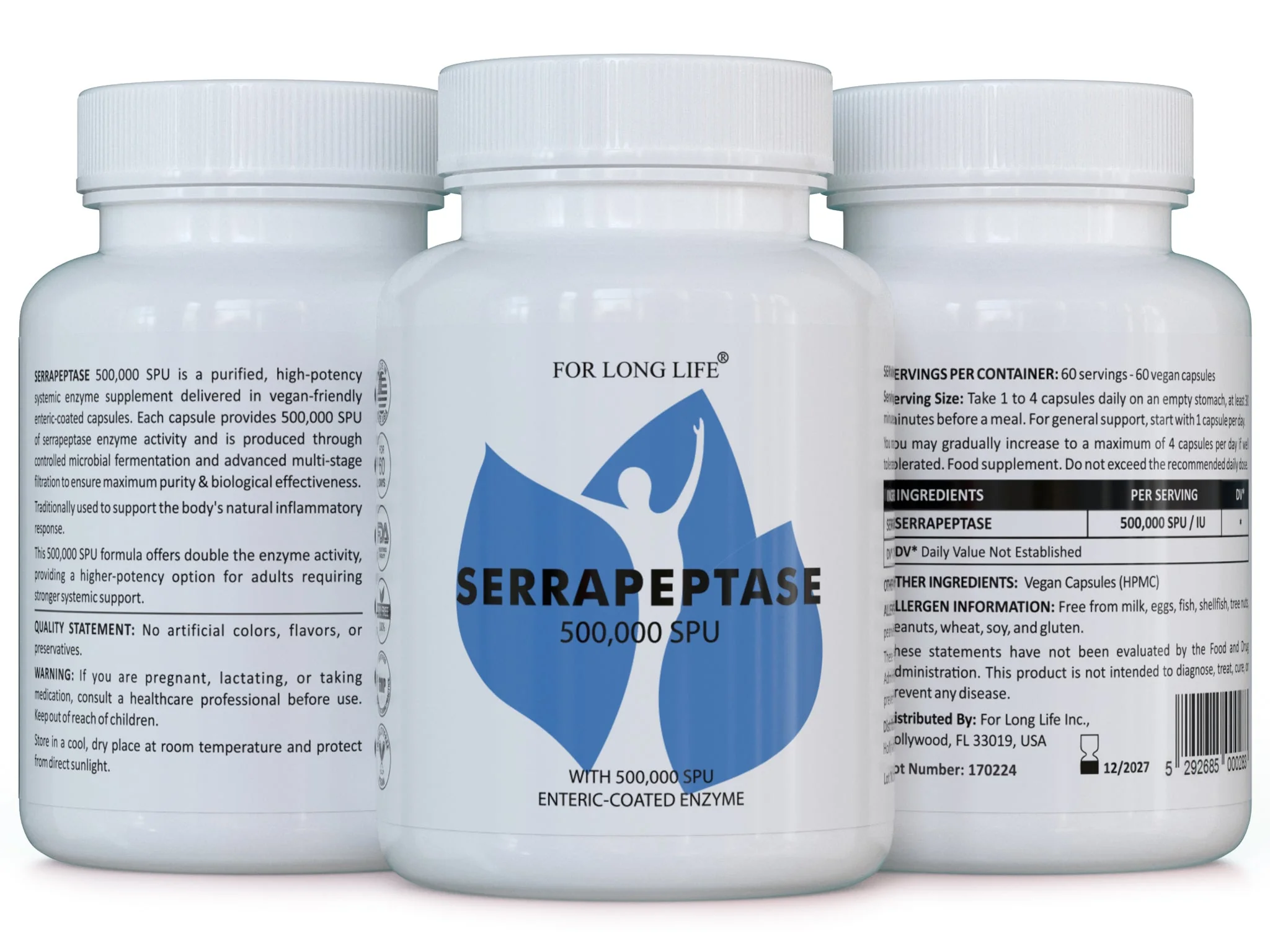 For Long Life SERRAPEPTASE 500 000 SPU na kapsulu, enterosolventné kapsuly, 60 kapsúl Enzýmový doplnok s aktivitou 500 000 SPU