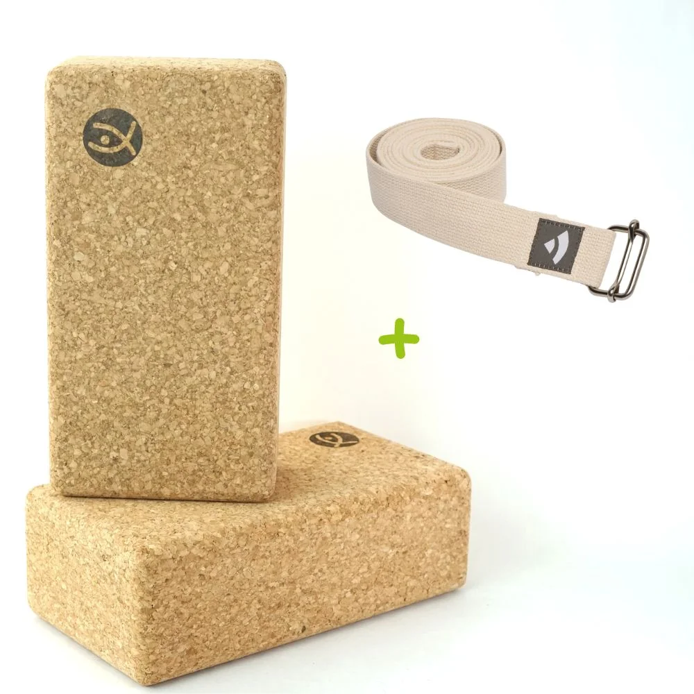 Flexity ergonomický korkový joga blok sada 2 kusy s popruhom Bodhi Asana 22 x 11,5 x 7,5 cm