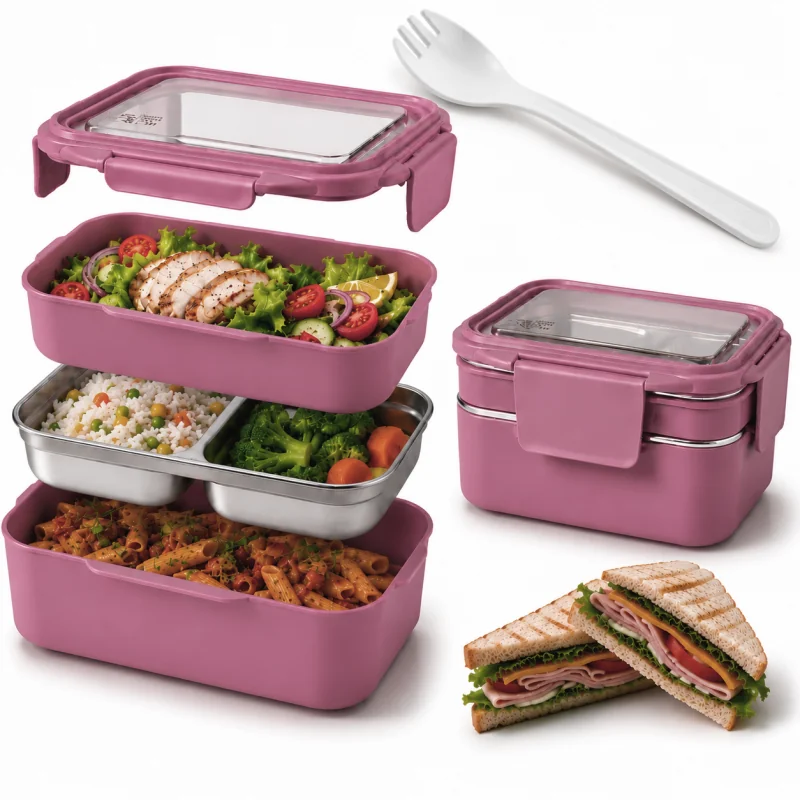 Livefy obedový box s príborom Double Lunch 1.2l, ružový
