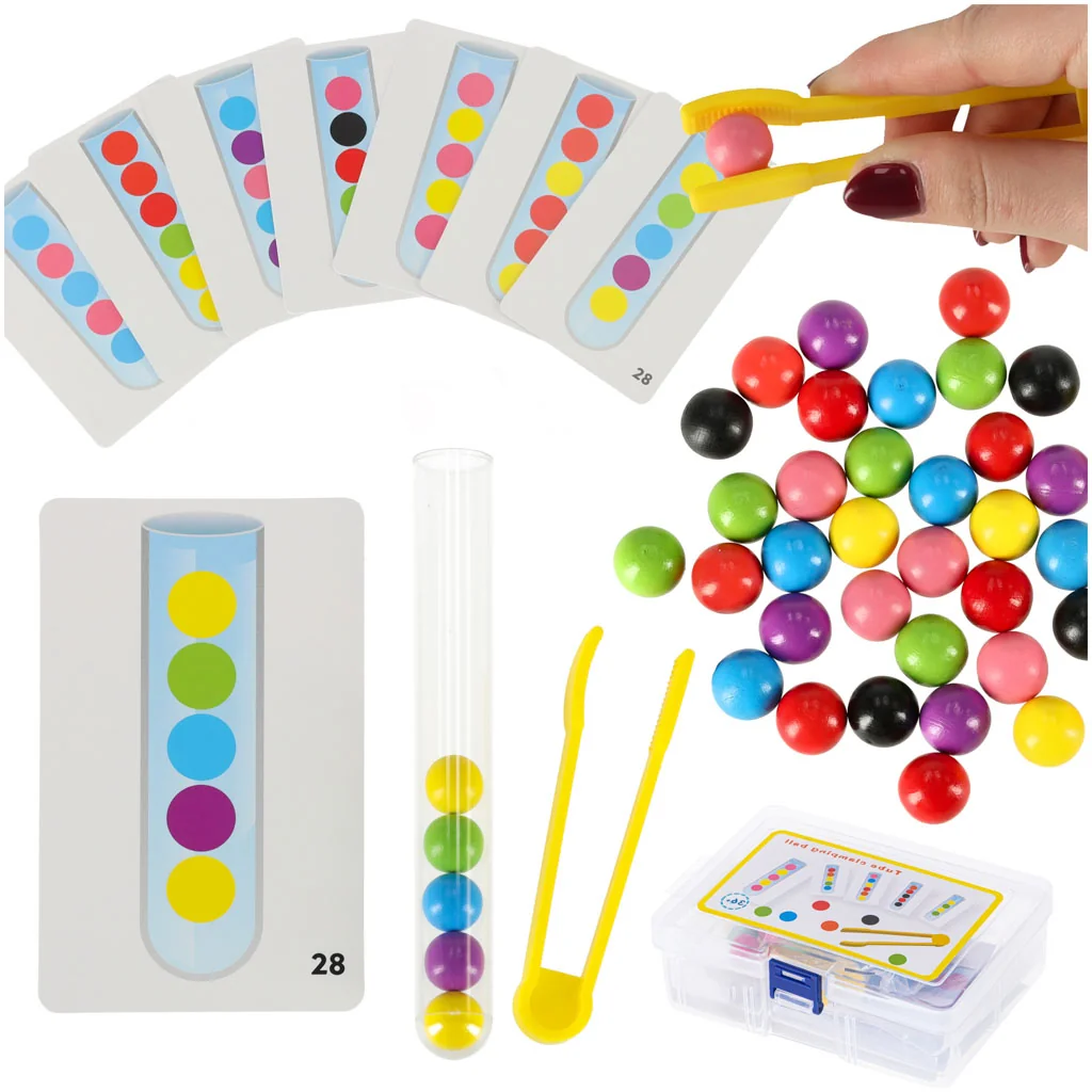 Montessori triedenie – farebné guličky, pinzeta, skúmavka + karty (48 vzorov)