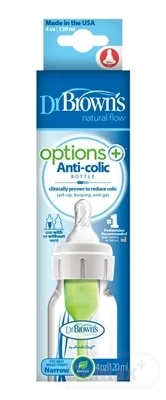 Dr.BROWN´S DOJČENSKÁ FĽAŠA OPTIONS+ 120 ml 1×1 ks, narrow, 0M+, anti-colic, plastová, biela