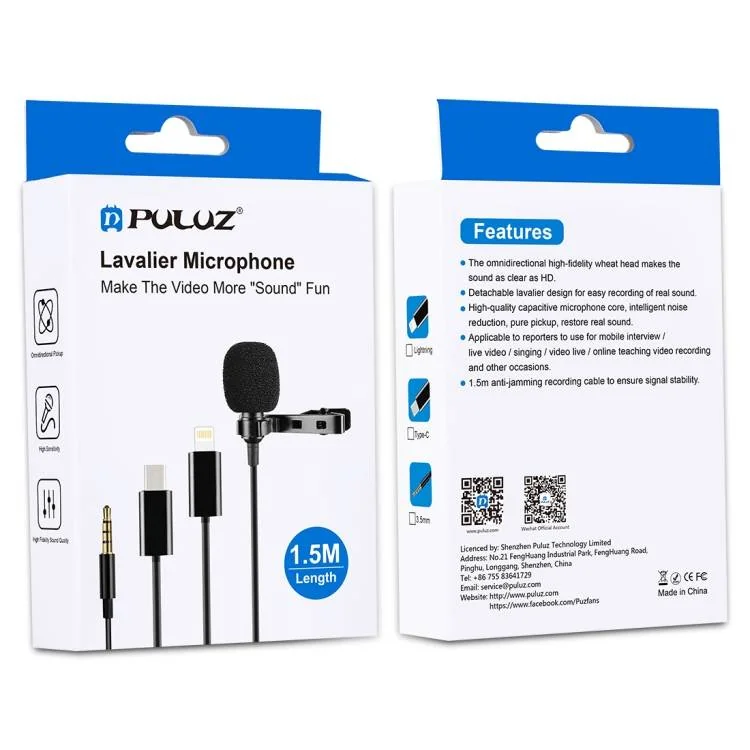 PULUZ PU424 Lavalier mikrofón s klipom 3.5mm mini jack, 1.5m, čierny