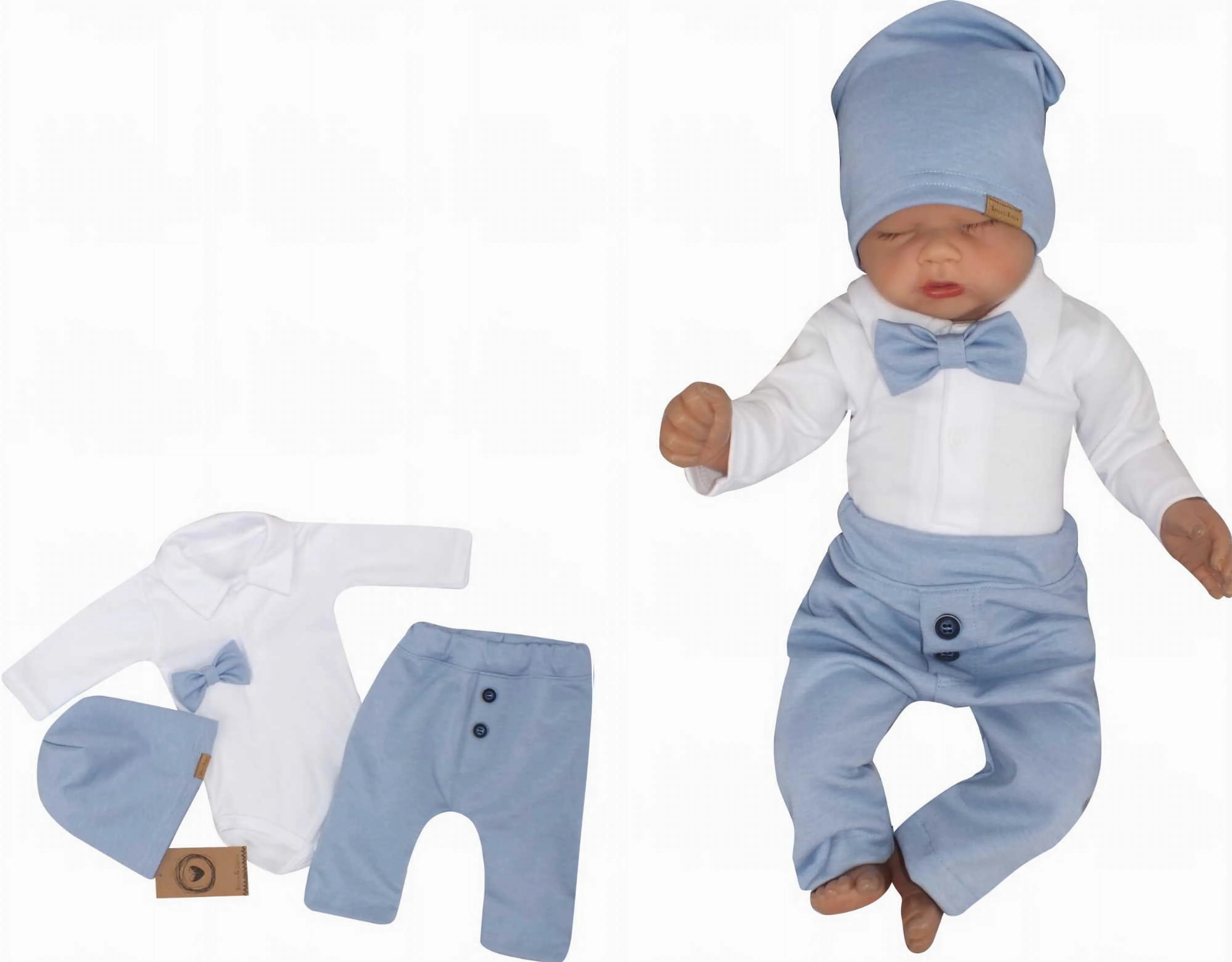 4-dielna sada Elegant Boy, body, nohavice, motýlik a čiapky, modrá/biela veľ. 62