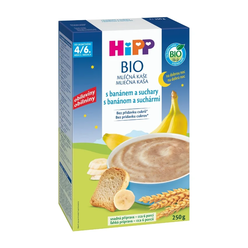 HiPP BIO Mliečna kaša na dobrú noc s banánom a suchármi, od ukončeného 4./6. mesiaca 250g