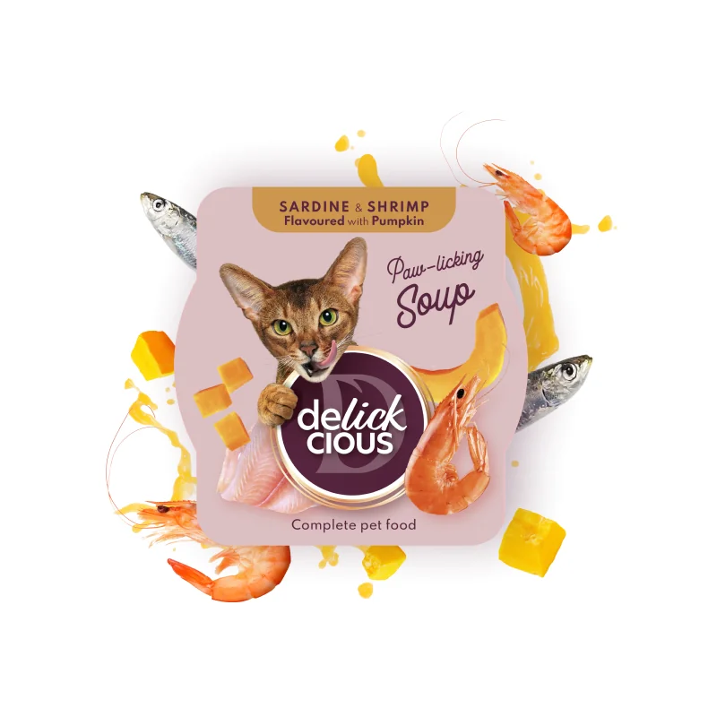 DELICKCIOUS™ sardinková polievka s krevetami a tekvicou. Pre dospelé mačky 80 g (1568)