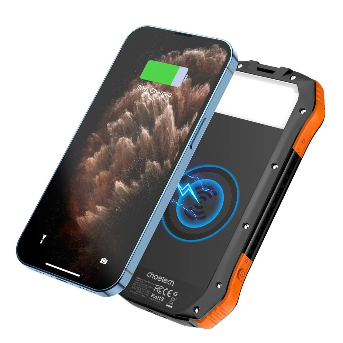 Choetech Solar Power Bank 10000mAh Qi 5W, čierny/oranžový