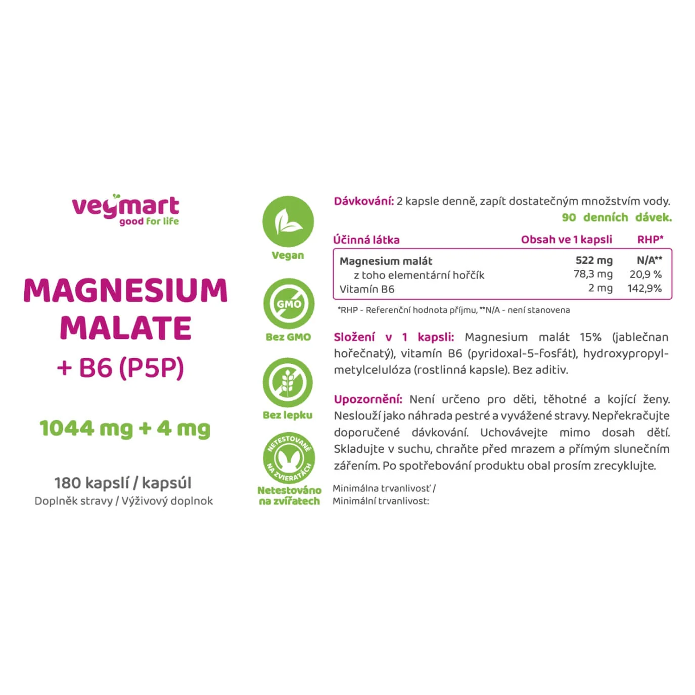 Vegmart Magnézium malát 15% + Vitamín B6 (P5P), 180 kapsúl