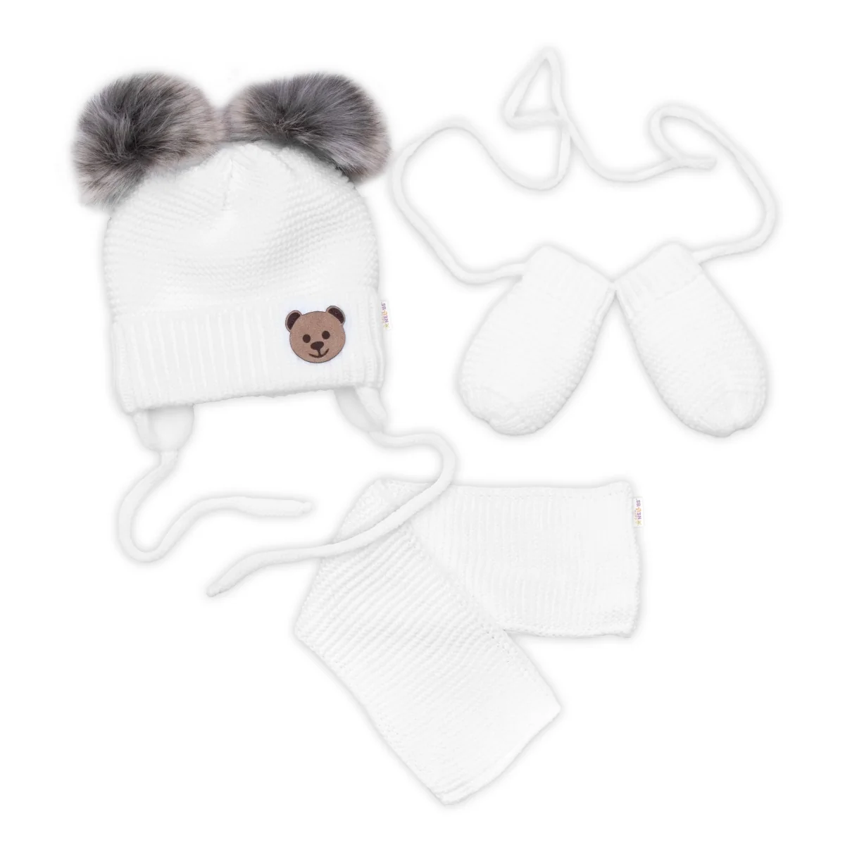 Detská sada, zimná čiapka so šálom + rukavičky 3D, Teddy Bear - biela