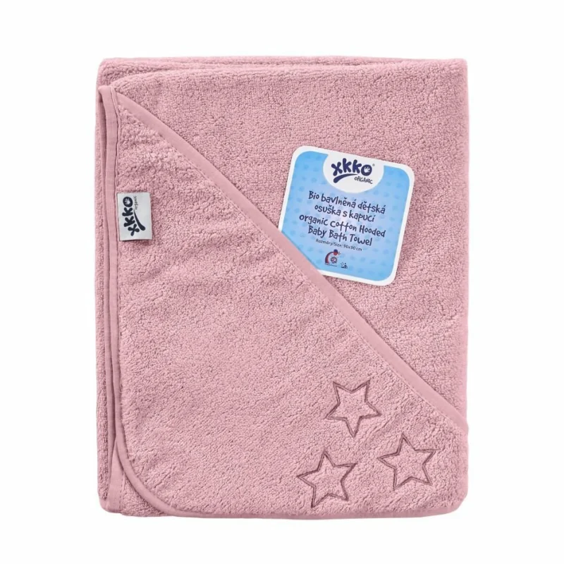 XKKO Organic BIO bavlnená froté osuška s kapucňou 90x90 Baby Pink Stars