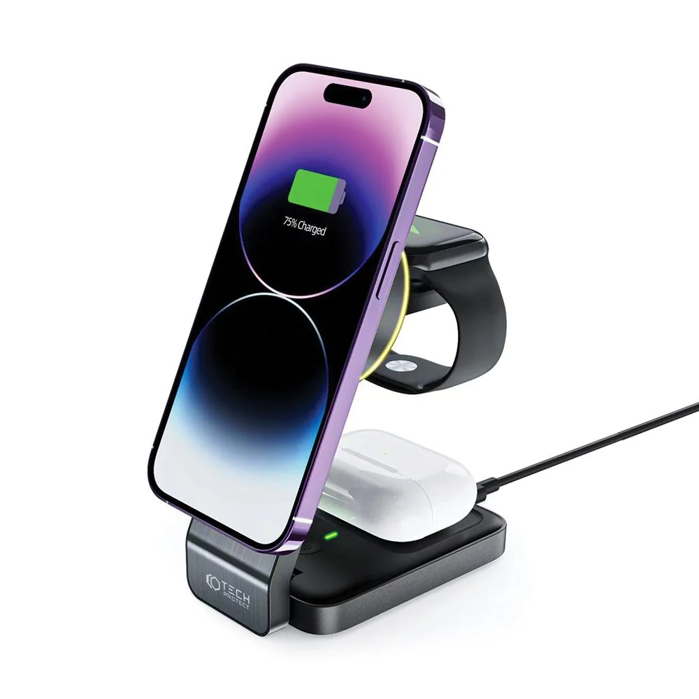 Tech-Protect A28 MagSafe bezdrôtová nabíjačka na mobil / Apple Watch / Airpods, čierna Airpods, čierna