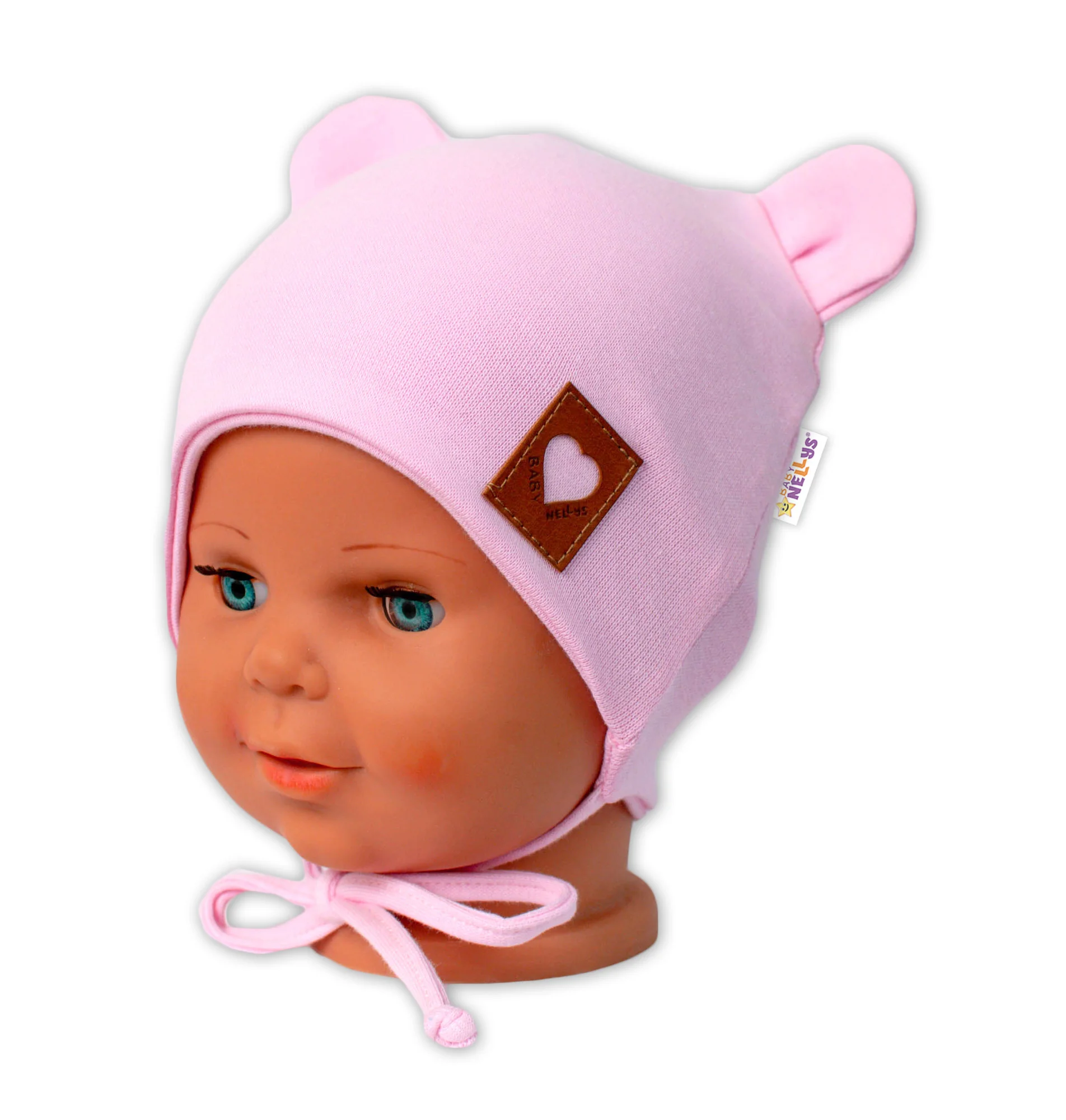 Baby Nellys Bavlnená dvojvrstvová čiapka s uškami na zaväzovanie, TEDDY - růžová