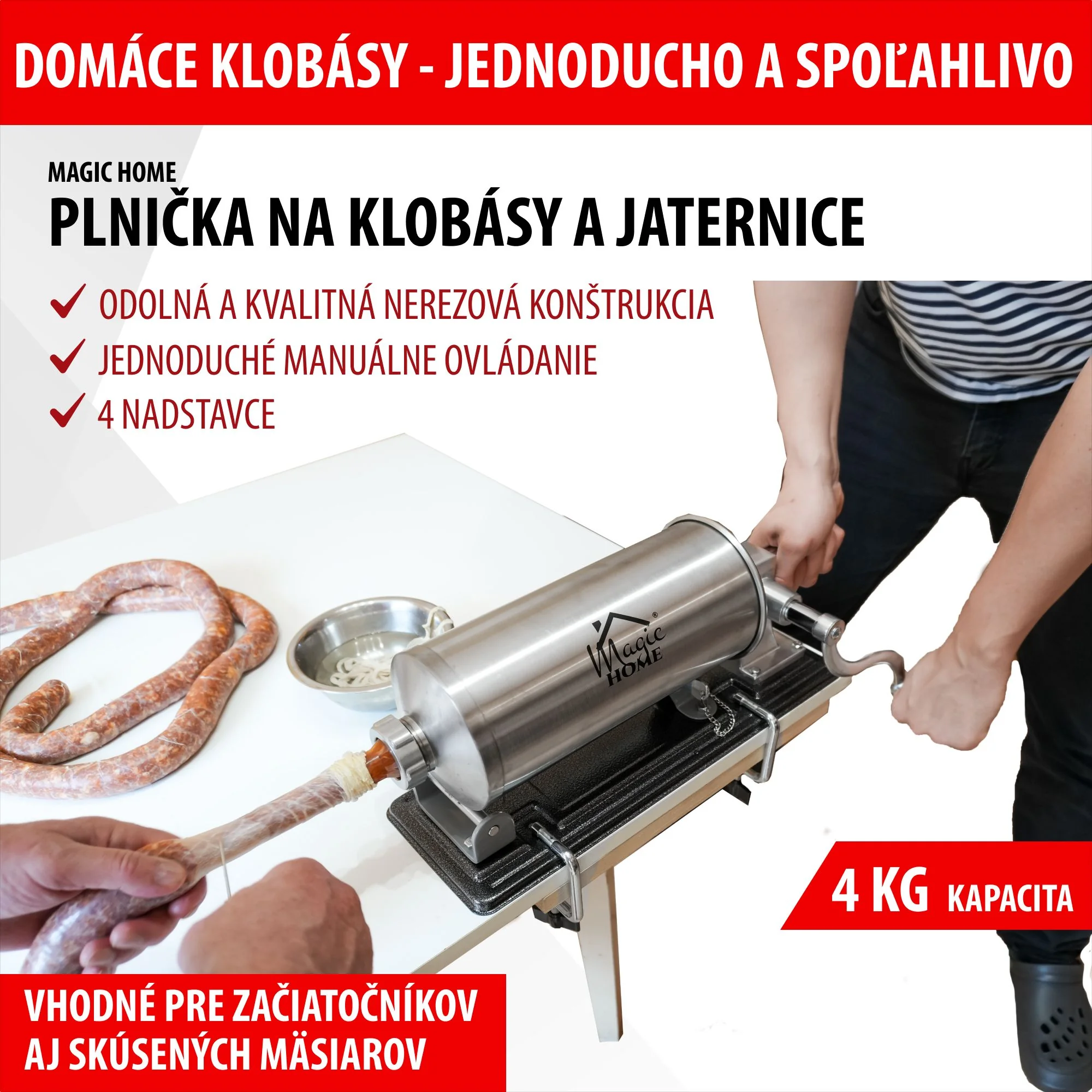 MagicHome ručná plnička SM208, 1 ks Na klobásy a jaternice, horizontálna, 4 kg
