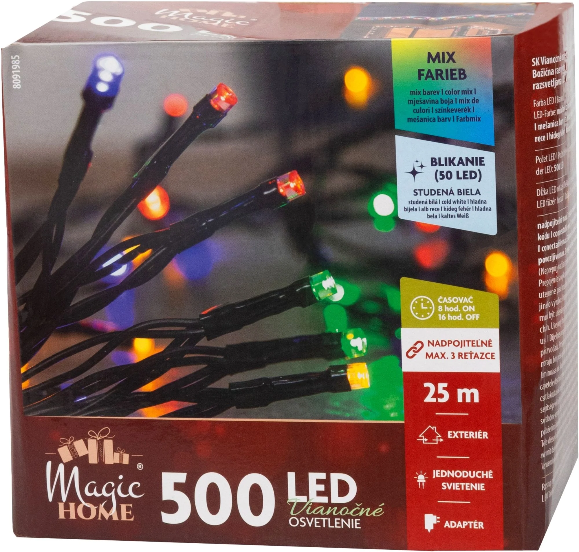 MagicHome vianočná LED reťaz, 1 ks Časovač, 500 LED, mix farieb, 10 funkcií, 25 m, IP44