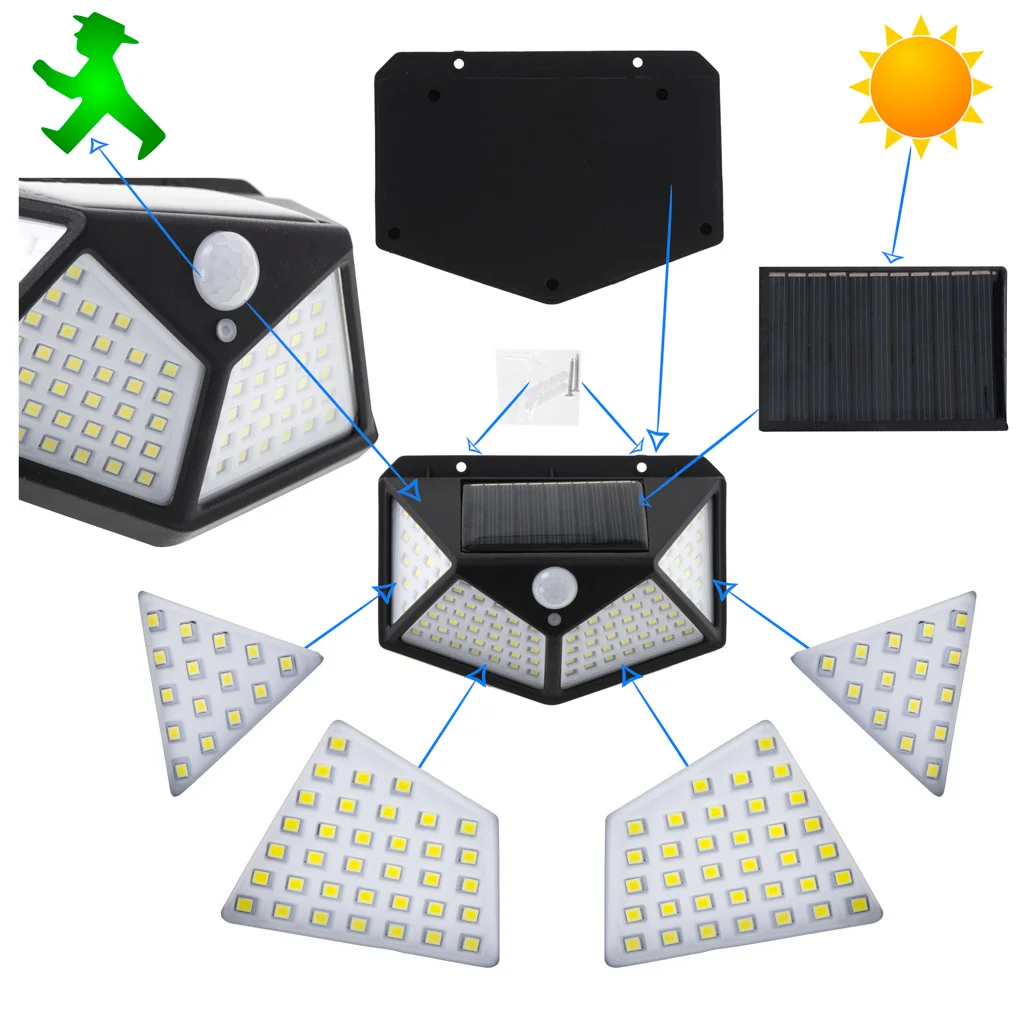 Solárna LED lampa 100 LED – pohybový a súmrakový senzor, nástenné exteriérové osvetlenie
