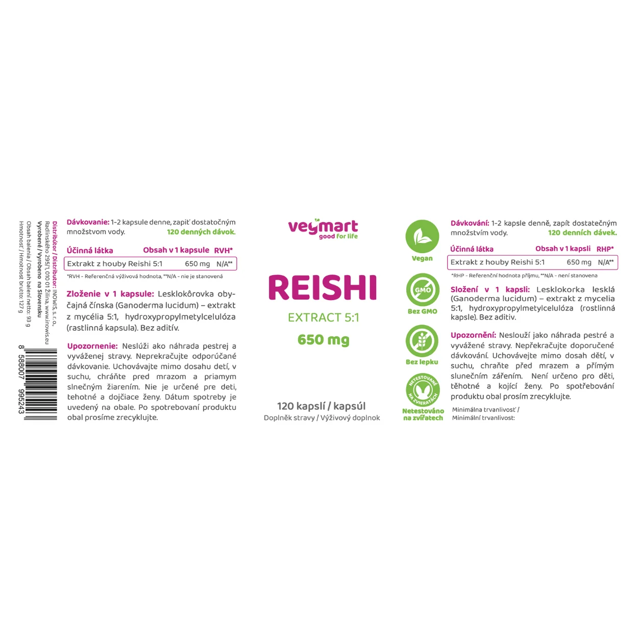 Vegmart Reishi 650 mg, 120 kapsúl