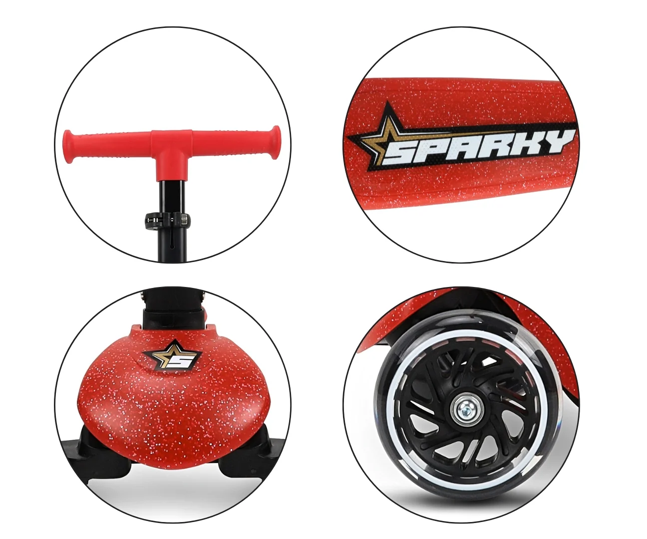Detská kolobežka SPARKY LED trojkolová – svietiace kolieska, nastaviteľná, červená