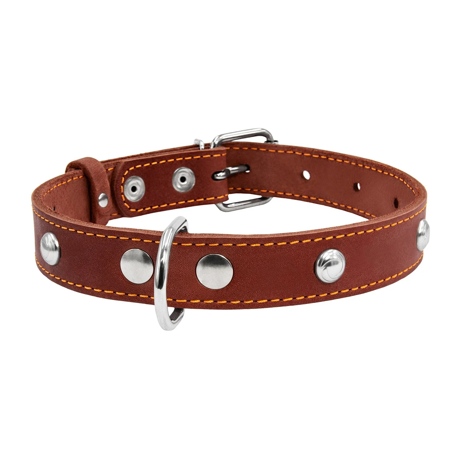 Kožený obojok s kovovou dekoráciou hnedý, Obvod krku: dĺžka: 38-50 cm, širka: 25 mm