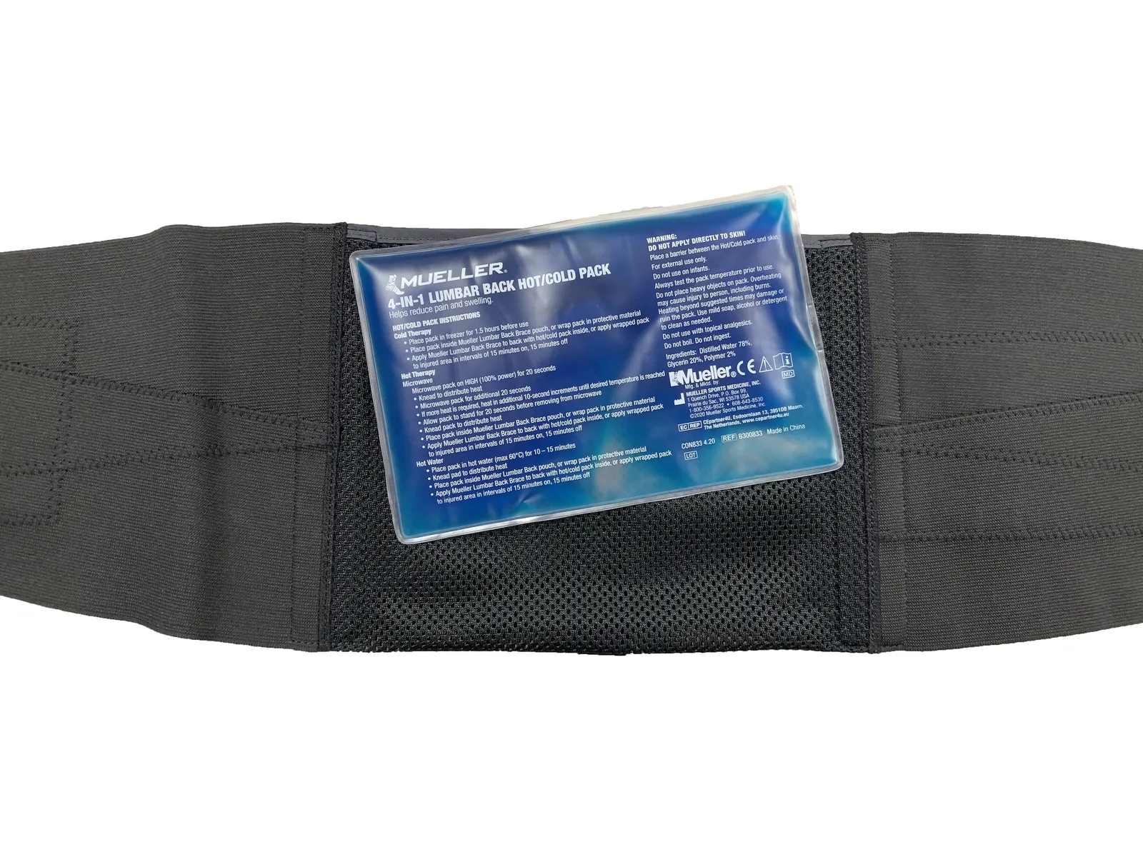 Mueller Lumbar 4-in-1 Back Brace, bedrový pás s hrejivým/chladiacim sáčkom 1 ks