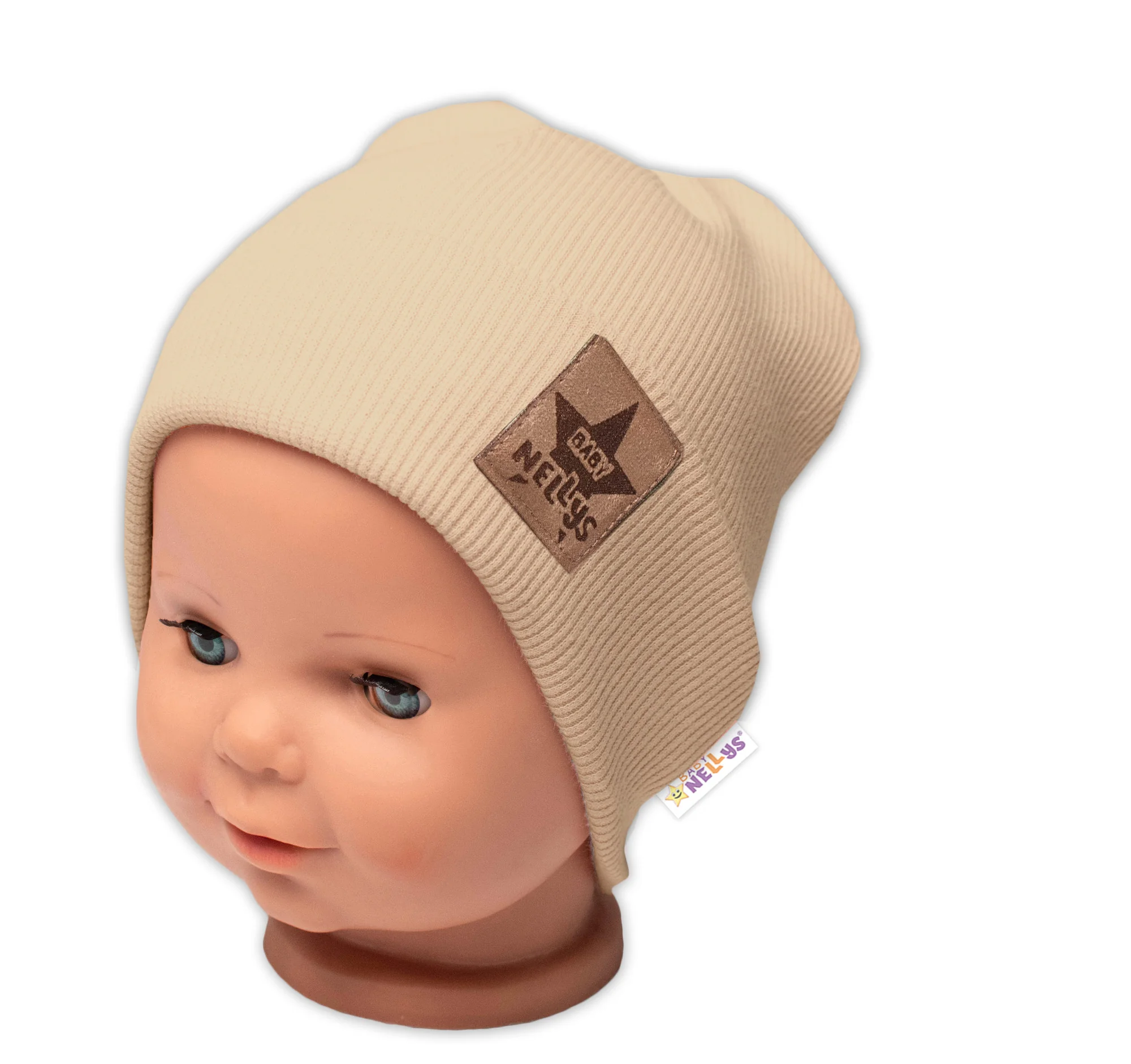 Baby Nellys Rebrovaná dvojvrstvová čiapka s lemom - béžová, veľ. 104/110