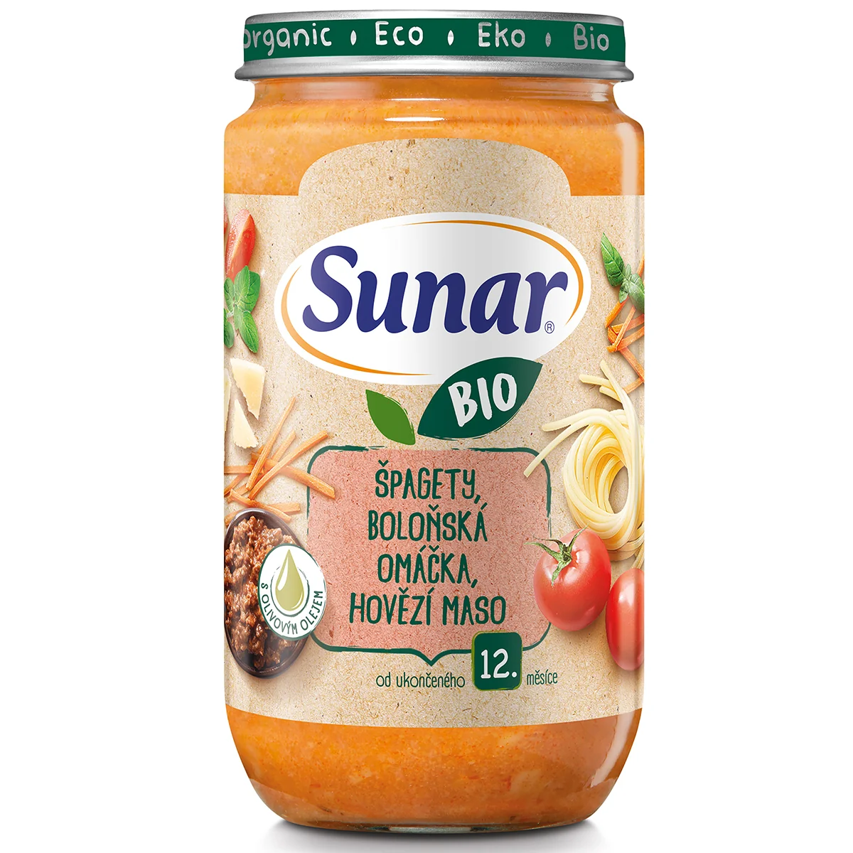 Sunar BIO Špagety, bolonská omáčka, hovädzie mäso 1×235 g, BIO zeleninový príkrm