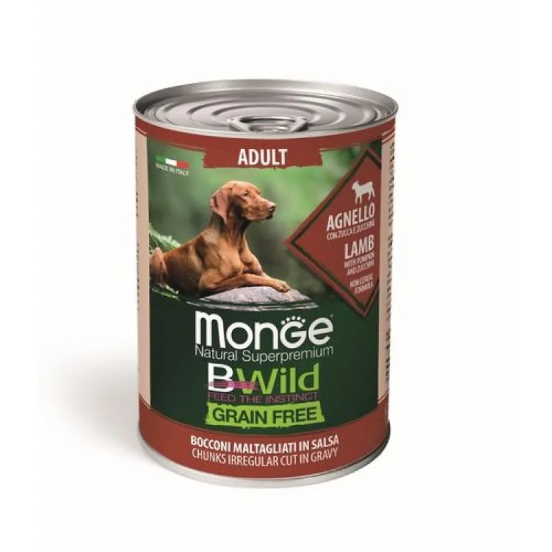 MONGE BWild Grain Free Adult 400g bezobilninové vlhké krmivo pre dospelých psov jahňacie kúsky v omáčke s tekvicou a cuketou
