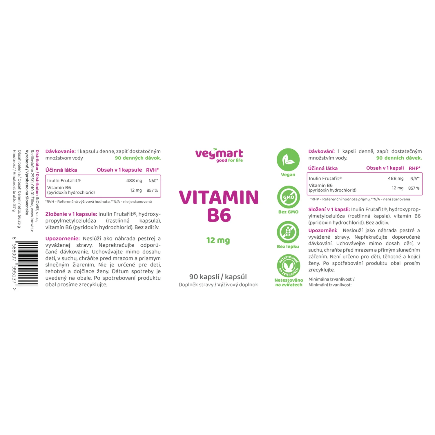 Vegmart Vitamín B6 12 mg, 90 kapsúl