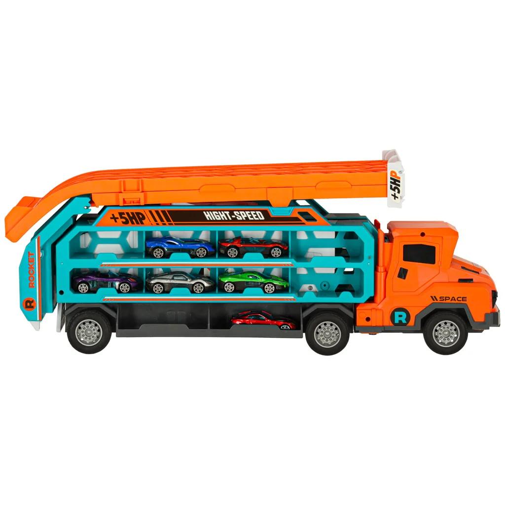 Sklápací transportér so šmýkačkou + 6 autíčok, oranžový