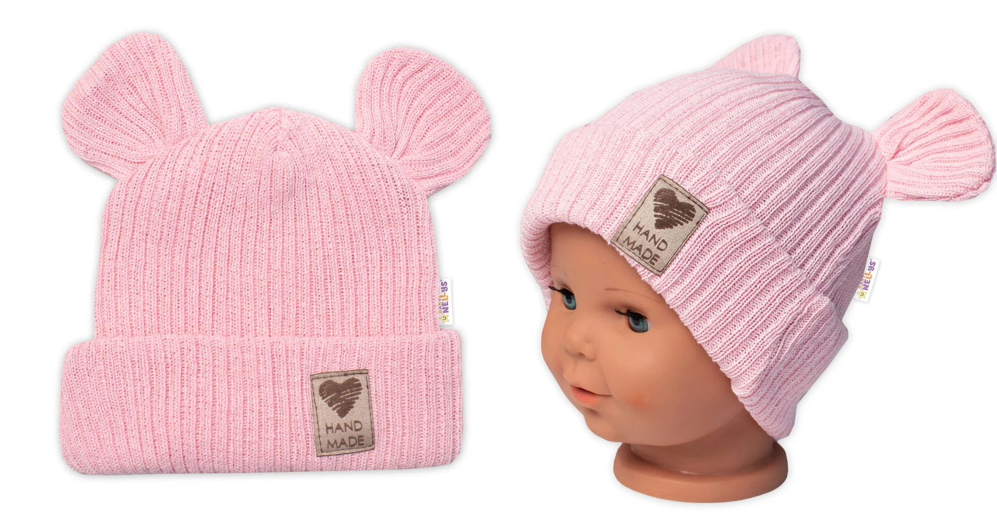 Pletená bavlněná čiapka s uškami, dvojvrstvová, Hand Made Baby Nellys, ružová, veľ. 68/74