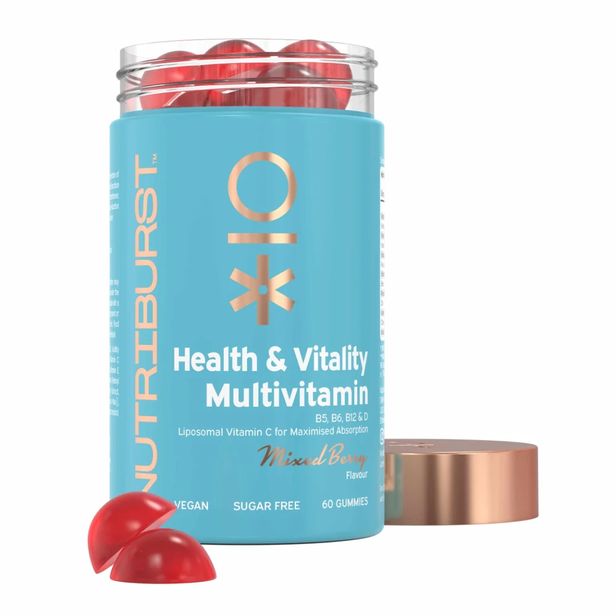 Nutriburst Premium Health & Vitality gummies s vitamínmi A, B5, B6, B12, C, D, E, biotínom a zinkom, príchuť lesné ovocie 60 ks