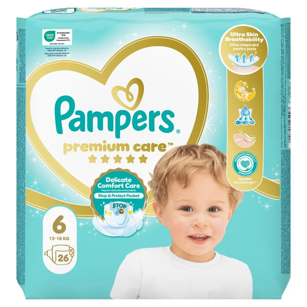 Pampers Premium Care detské plienky, veľkosť 6, 13kg-18kg 26 ks