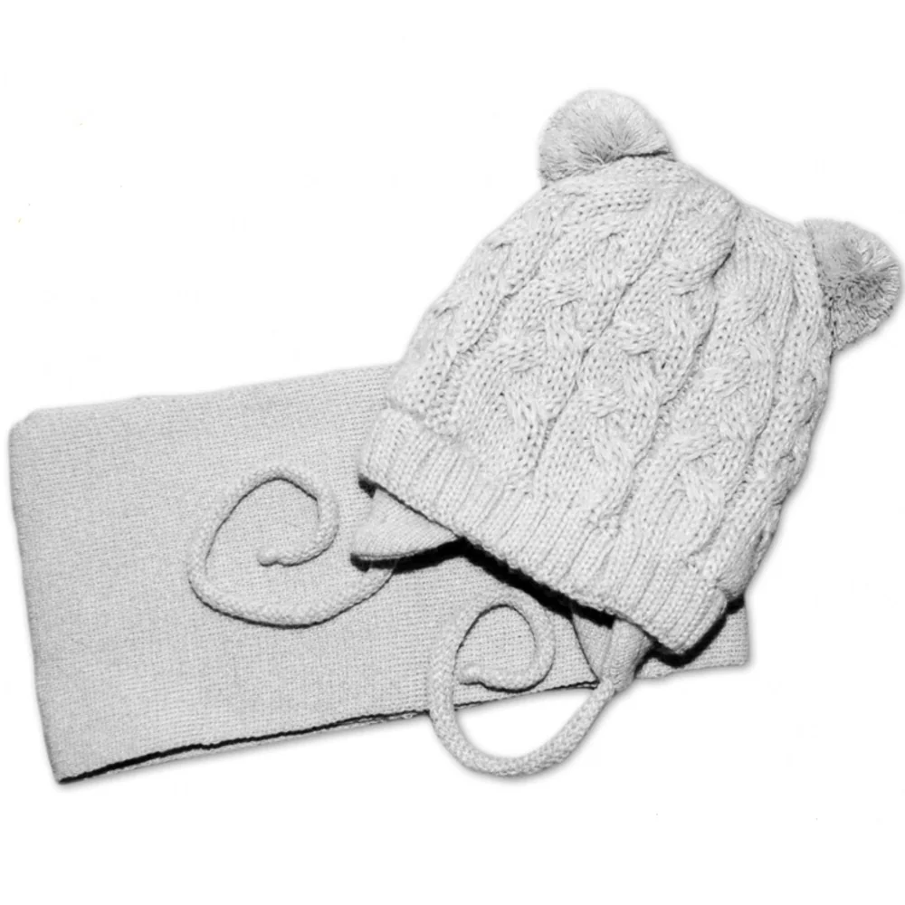 BABY NELLYS Zimná pletená čiapočka s šálom TEDDY - sivá s brmbolcami, vel. 62/68