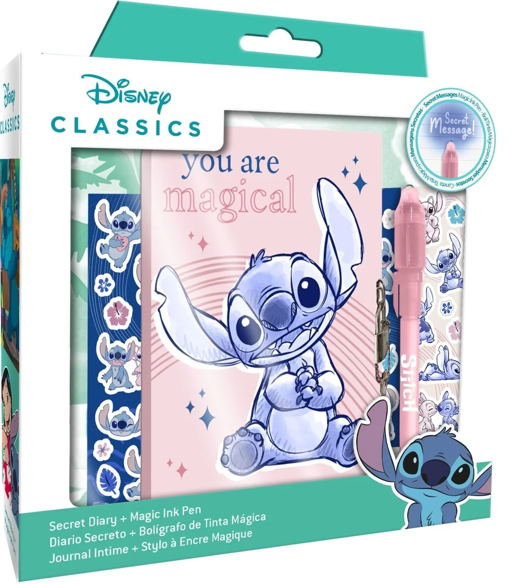 Kids Euroswan Denník so zámkom a UV perom Stitch + 20 nálepiek