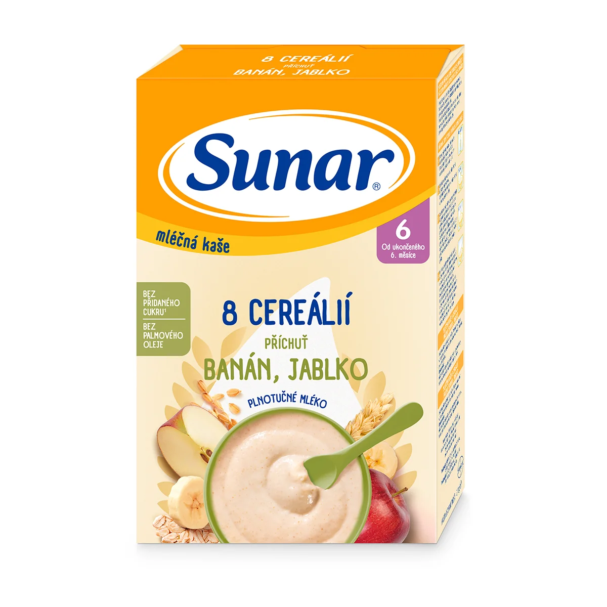 Sunar mliečna kaša 8 cereálií príchuť banán, jablko 1×210 g, instantná, obilno-mliečna kaša, od ukončeného 6. mesiaca