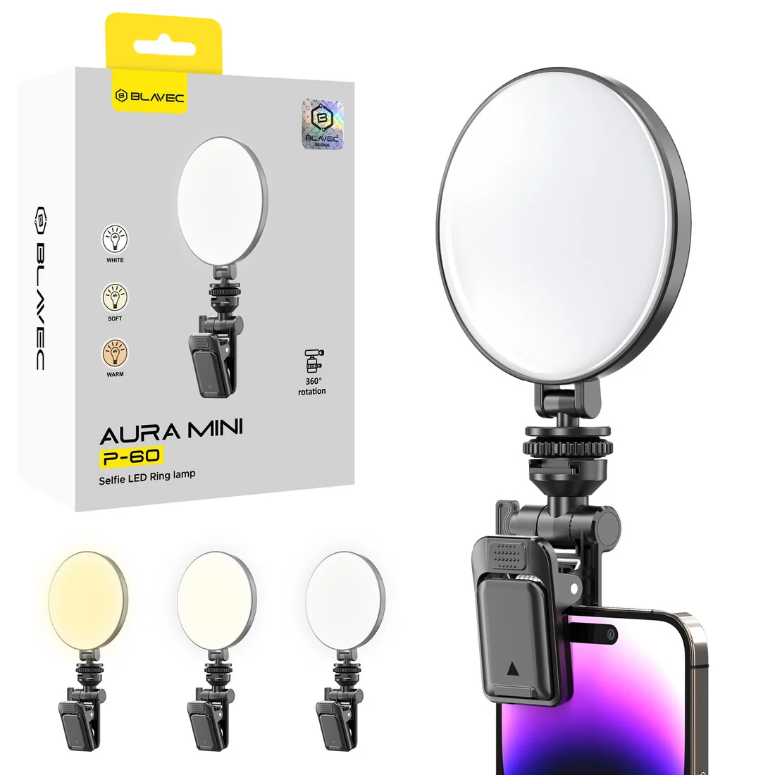 Blavec Aura Mini Selfie kruhové LED svetlo s klipom, čierne
