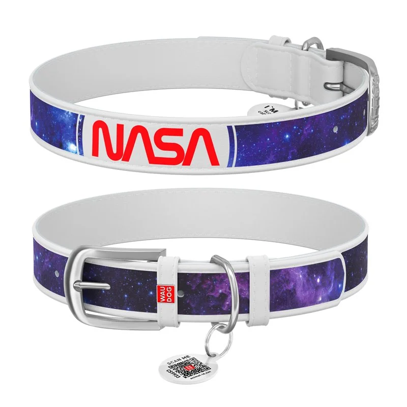 Kožený obojok so vzorom NASA 21 biely, Obvod krku: 19-25 cm, širka: 9 mm