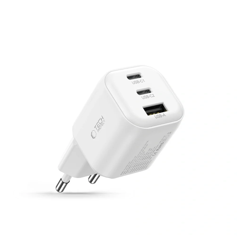Tech-Protect NCA100W GaN sieťová nabíjačka USB / 2x USB-C PD 3.2 100W / QC3.0, biela