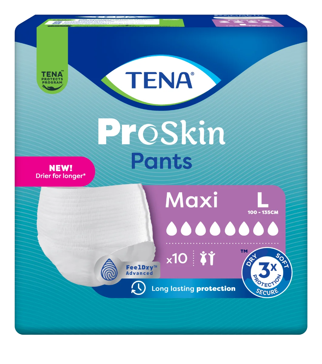 TENA PANTS MAXI LARGE 1×10 ks, naťahovacie absorpčné nohavičky, savosť 2550 ml, obvod bokov 100-135 cm