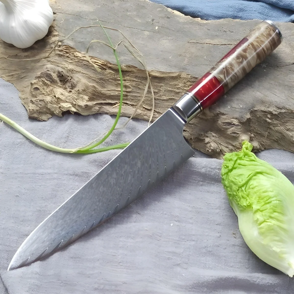 Damaškový kuchynský nôž Chef-Červená 1ks, čepeľ 19cm, oceľ V