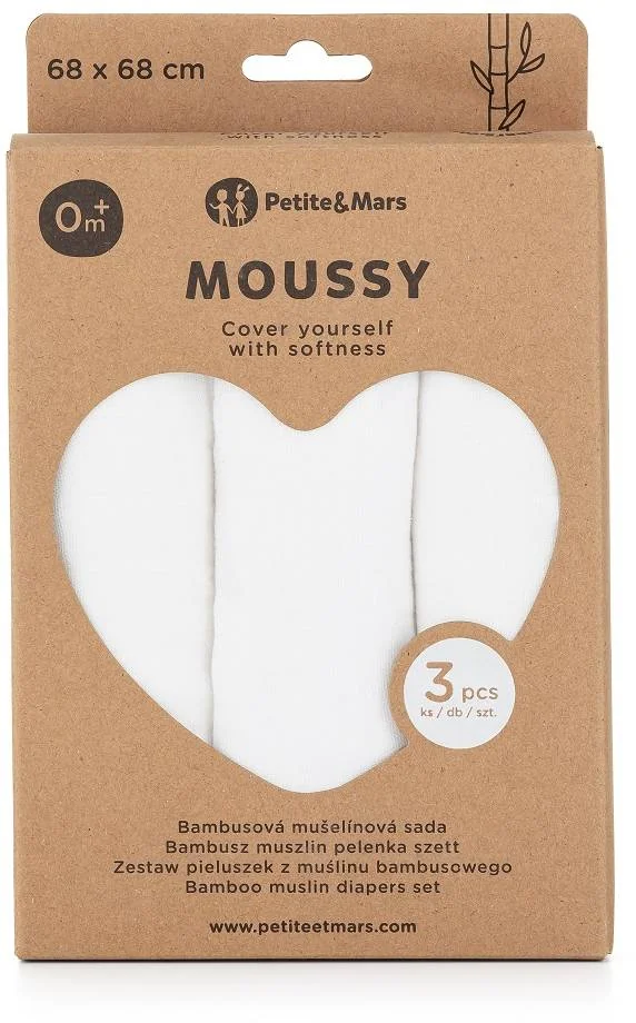 PETITE&MARS Sada plienok bambusová mušelínová 3ks Moussy Total White, 68 x 68 cm 1×3 ks, sada plienok