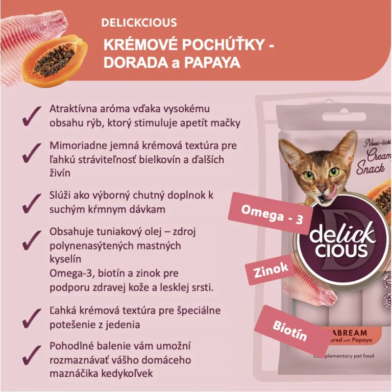 DELICKCIOUS™. Krémové pochúťky – pražma s papája. Pre mačky 4x0,015 g (1612)