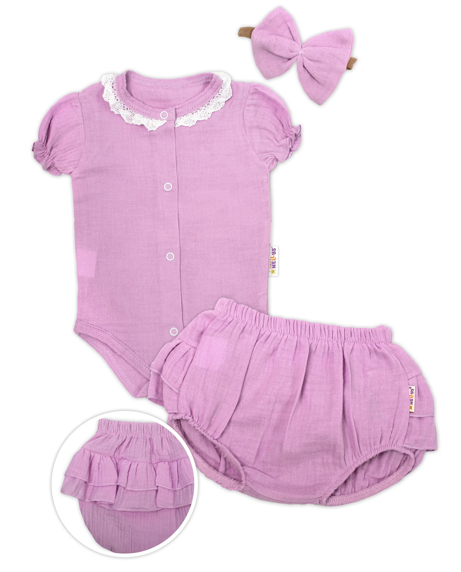 3-dielna mušelínová súpravička, body, kraťasky+čelenka GIRL, lila, veľ. 68