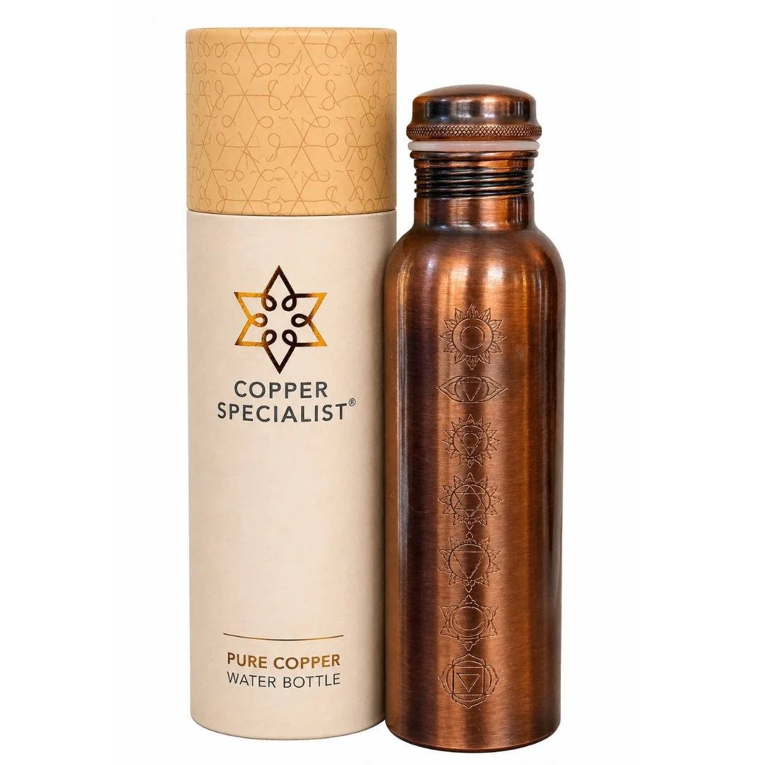 Fľaša na vodu z čistej medi – 7 čakier (antický vzhľad) – 950 ml / 330 g