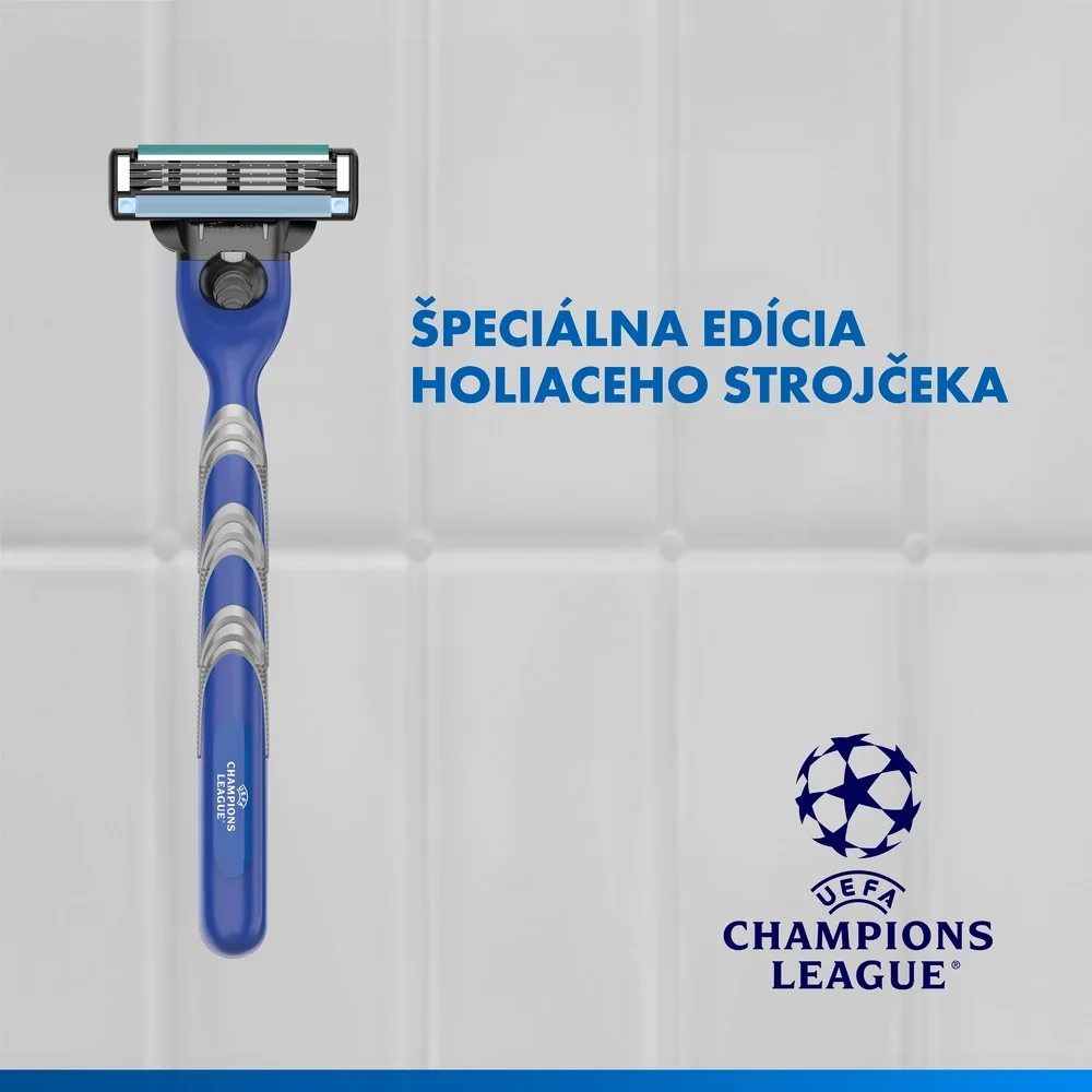 Gillette Mach3 UEFA Champions League Special Edition: pánsky holiaci strojček, gél na holenie, kozmetická taška 1 set
